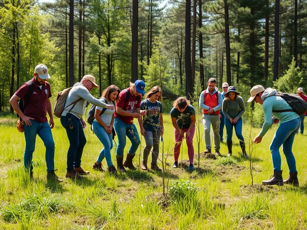 A group of volunteers planting native trees in a deforested area, symbolizing habitat restoration efforts by SOCIETE COMMUNALE DE CHASSE ENTENTE FONTENILLE-LONNES.