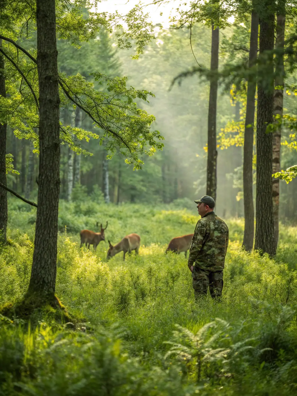 A photo of a wildlife monitoring team observing deer in their natural habitat, showcasing the organization's efforts in wildlife management.