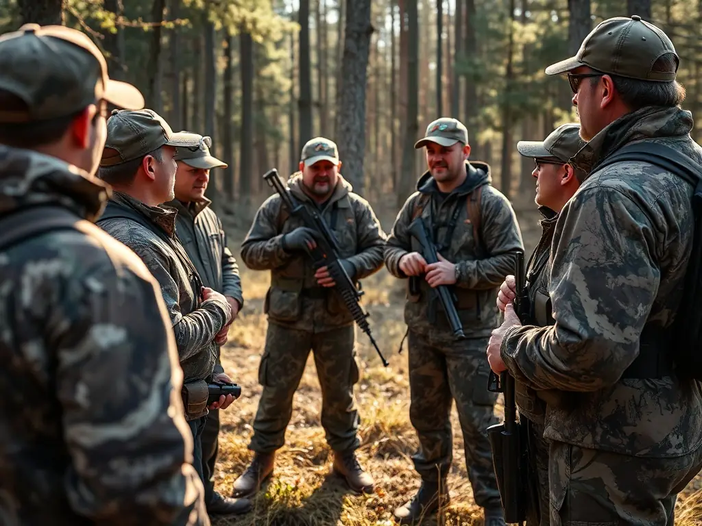 A group of hunters participating in a training session on responsible hunting practices, highlighting the importance of sustainable land use.