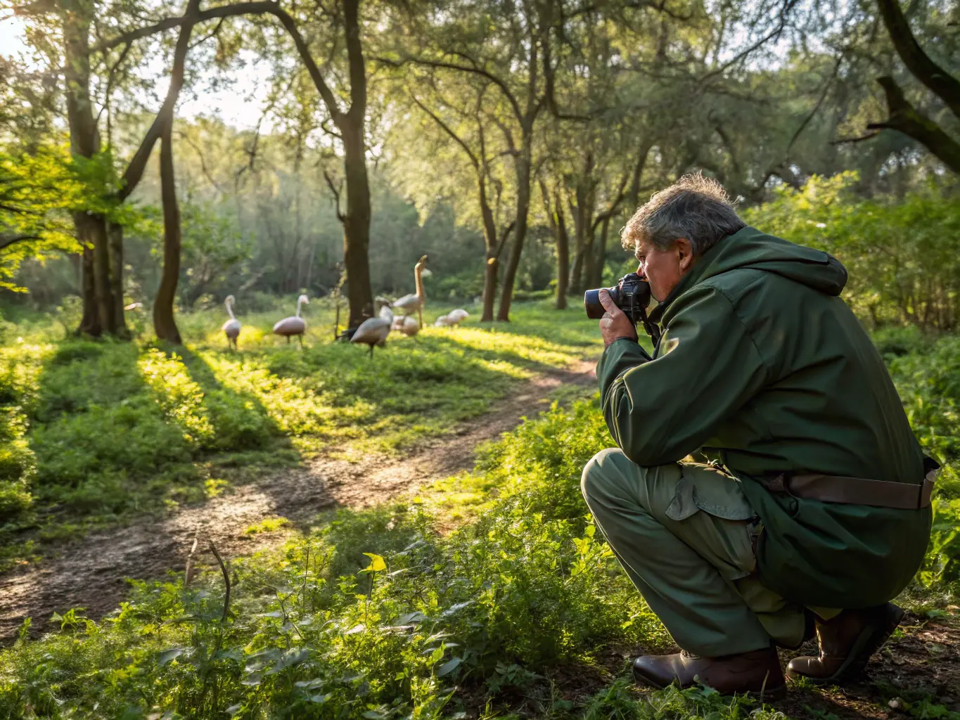 A warden patrolling a forest area, emphasizing the importance of combating illegal hunting practices to protect wildlife.