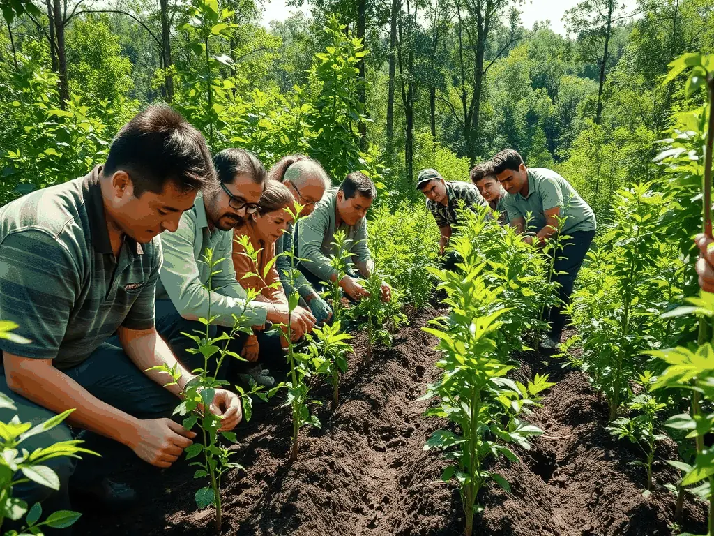 A group of volunteers planting native trees in a deforested area, focusing on reforestation efforts to restore wildlife habitats.