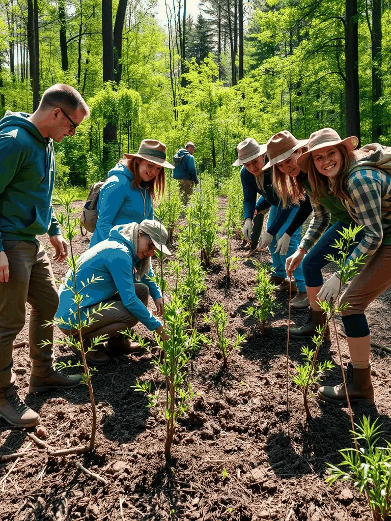 A photograph depicting volunteers planting native trees in a deforested area, illustrating the habitat restoration program of SOCIETE COMMUNALE DE CHASSE ENTENTE FONTENILLE-LONNES.