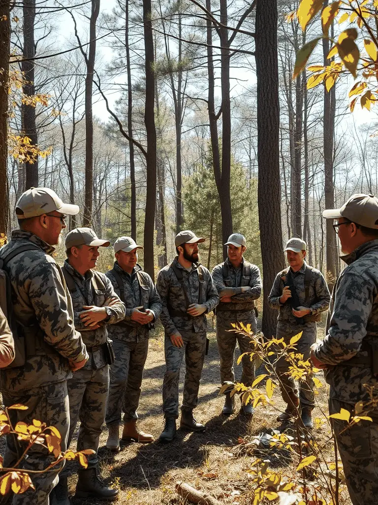 A photograph of a group of hunters participating in a training session on responsible hunting practices, highlighting the organization's dedication to ethical hunting.