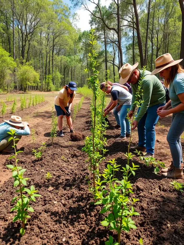 A group of volunteers planting native trees in a deforested area, demonstrating the active involvement of the community in habitat restoration projects supported by SOCIETE COMMUNALE DE CHASSE ENTENTE FONTENILLE-LONNES.