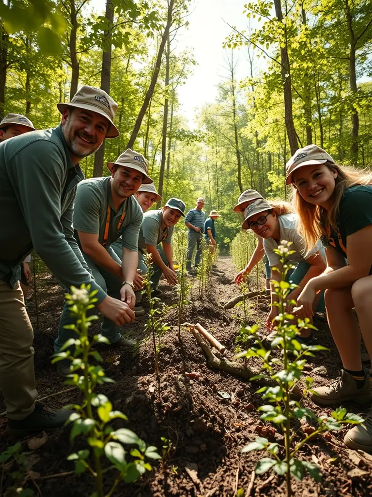 A group of volunteers planting native trees in a deforested area, illustrating the organization's commitment to habitat restoration.