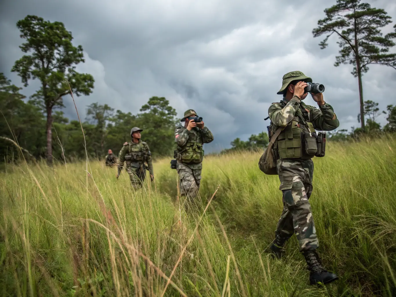 A warden patrolling a forest area, looking out for signs of illegal hunting or poaching, representing the organization's commitment to wildlife protection.
