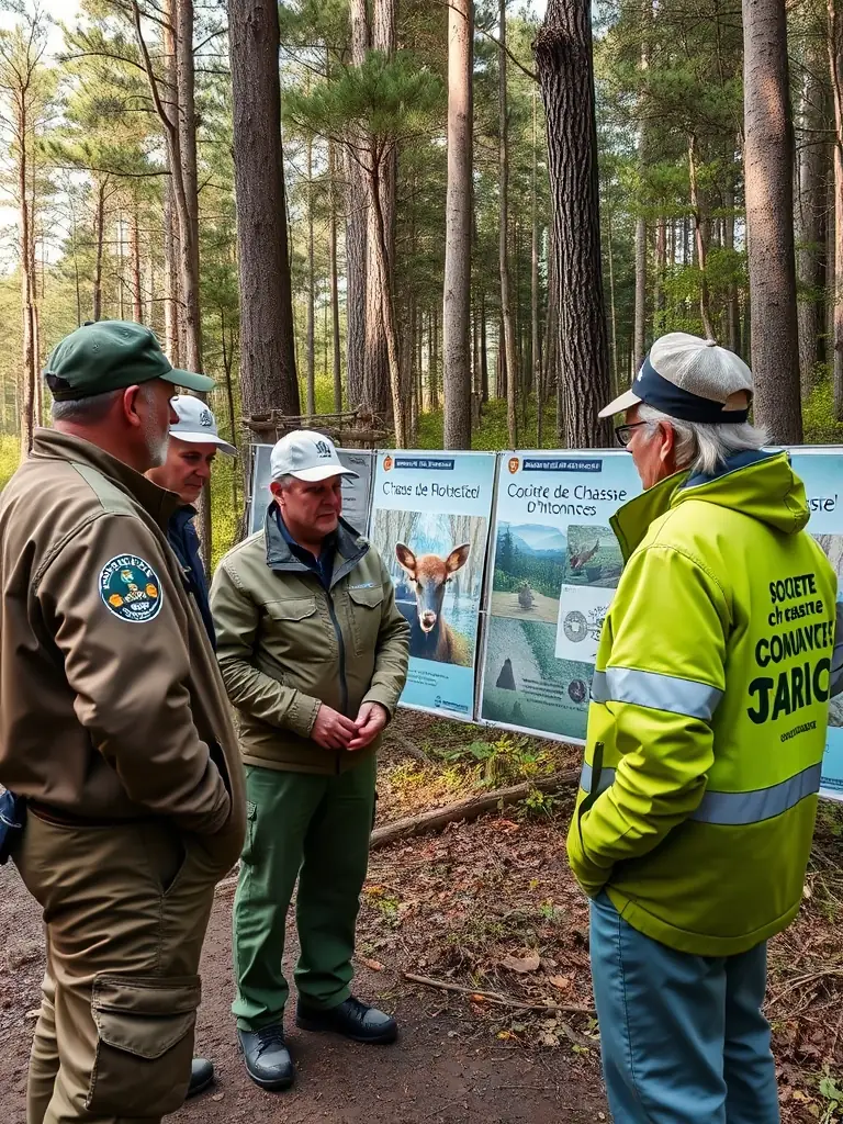 A photograph showing members of SOCIETE COMMUNALE DE CHASSE ENTENTE FONTENILLE-LONNES conducting a wildlife census in a local forest, emphasizing their commitment to monitoring wildlife populations.