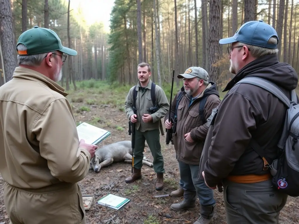 A group of hunters participating in a training session on responsible hunting practices, emphasizing the organization's focus on sustainable hunting management.